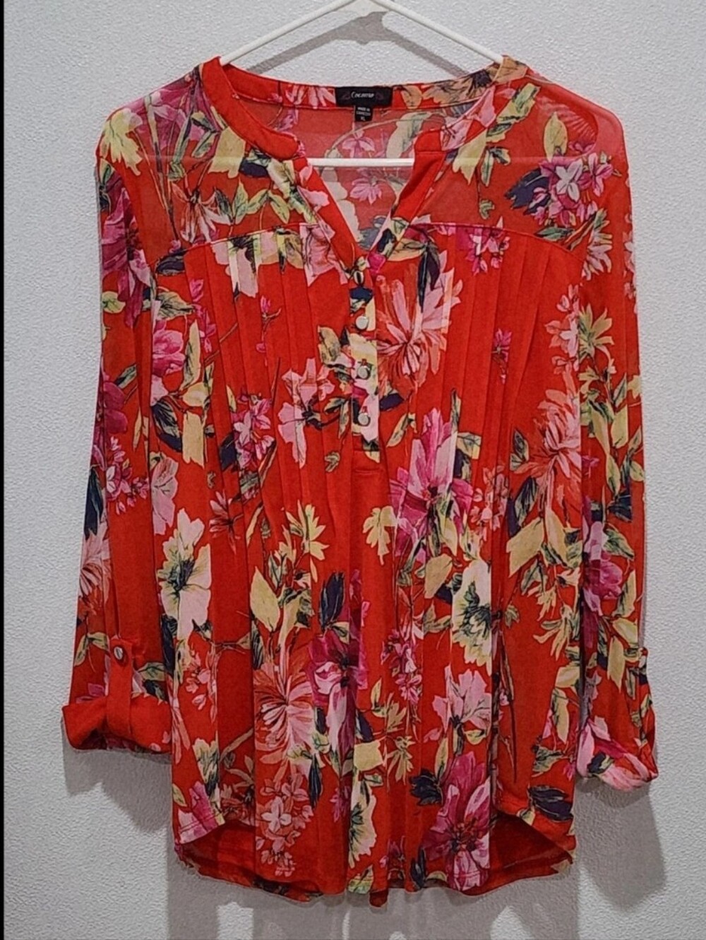 Cocomo Blouse Size XL Red Mesh Tropical Print Roll Tab Sleeves Pintuck